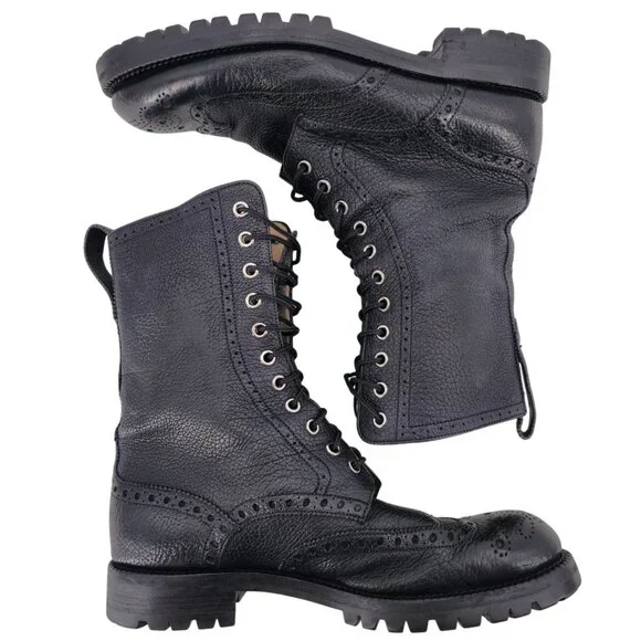 Bally of Switzerland Black Grain Leather Combat Boots Men 8 Wingtip Birbur Shoes - Picture 5 of 13